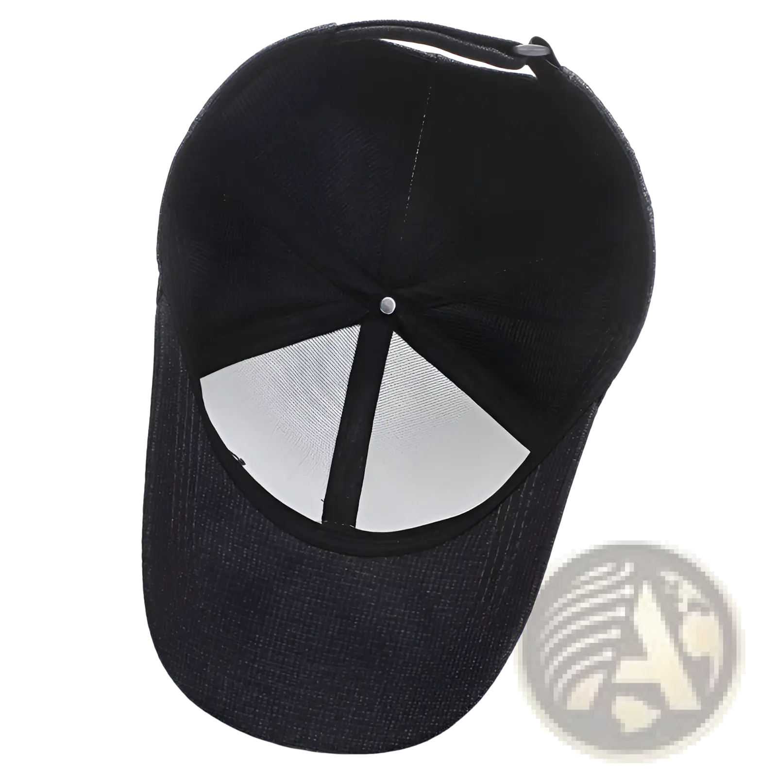 Black textured cotton baseball cap with mesh back and adjustable strap shown from the back angle