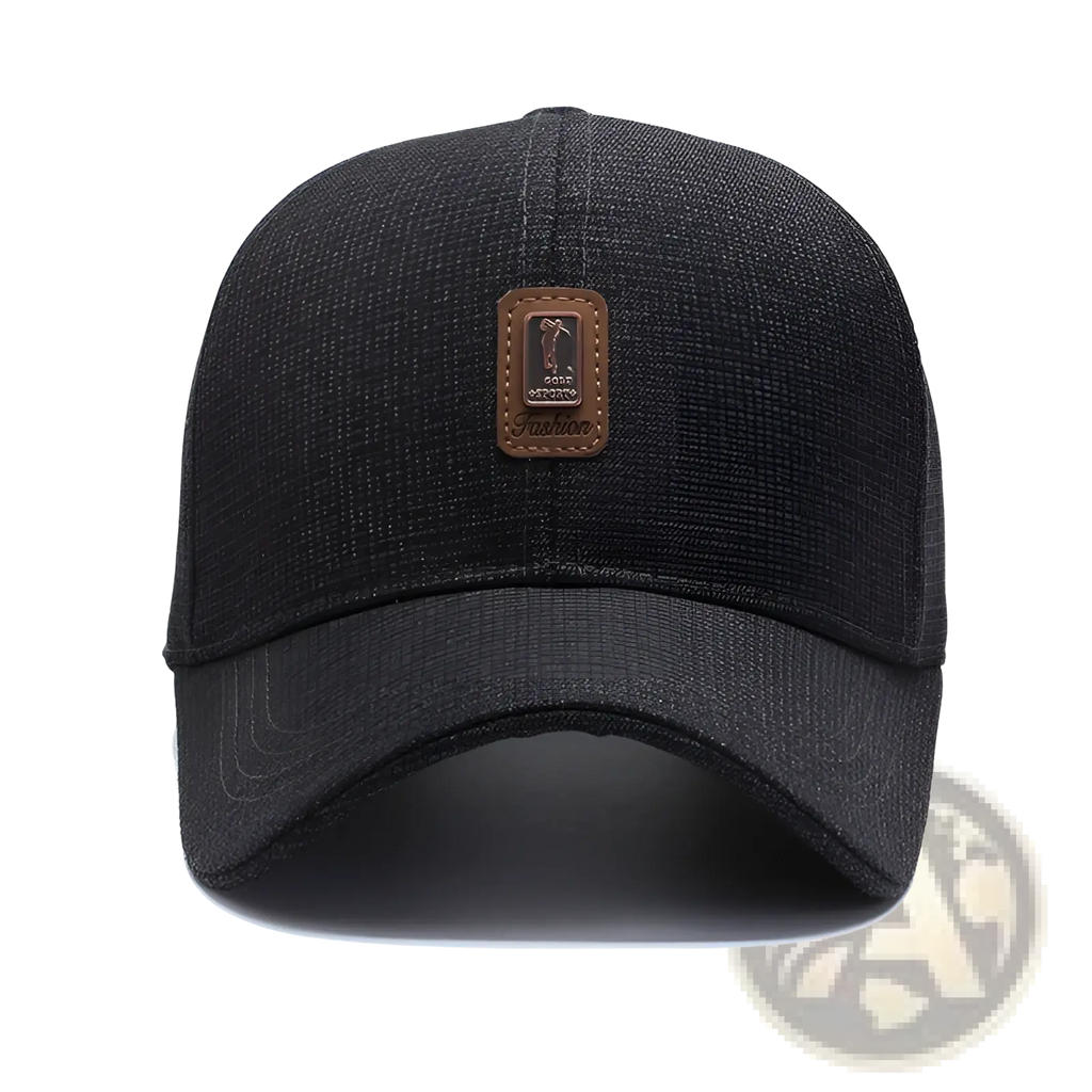 Black textured cotton baseball cap with brown leather patch featuring a golf logo and fashion embroidery