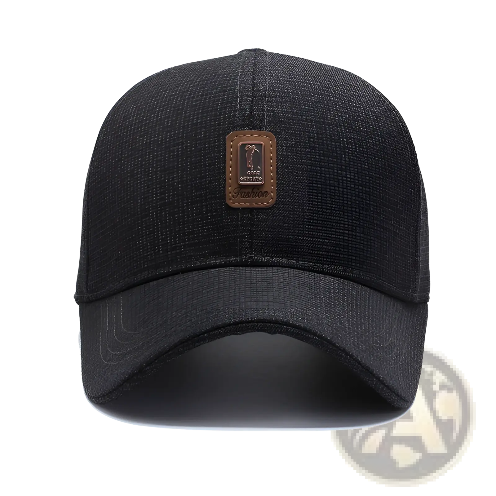 Black textured cotton baseball cap with brown leather patch featuring a golf logo and fashion embroidery