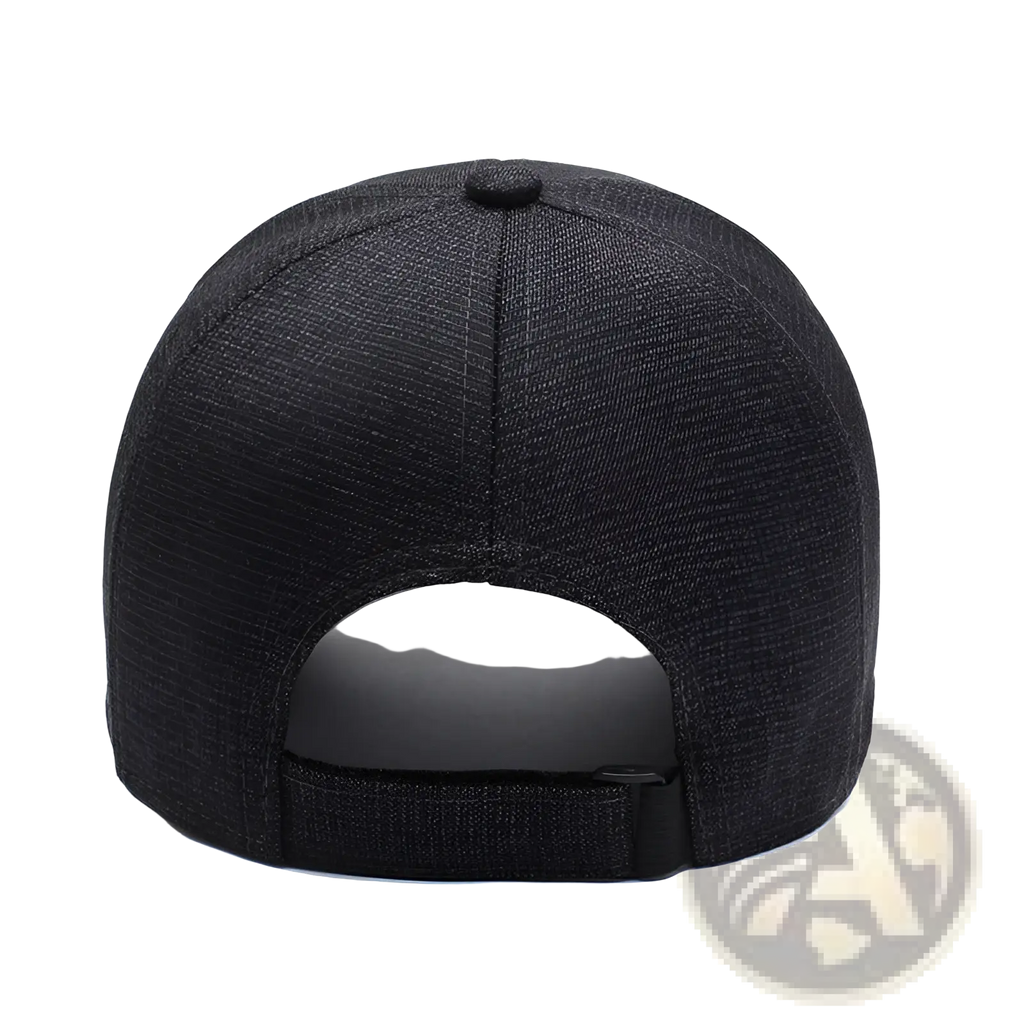 Black textured cotton baseball cap with leather patch showing adjustable strap and buckle at the back side
