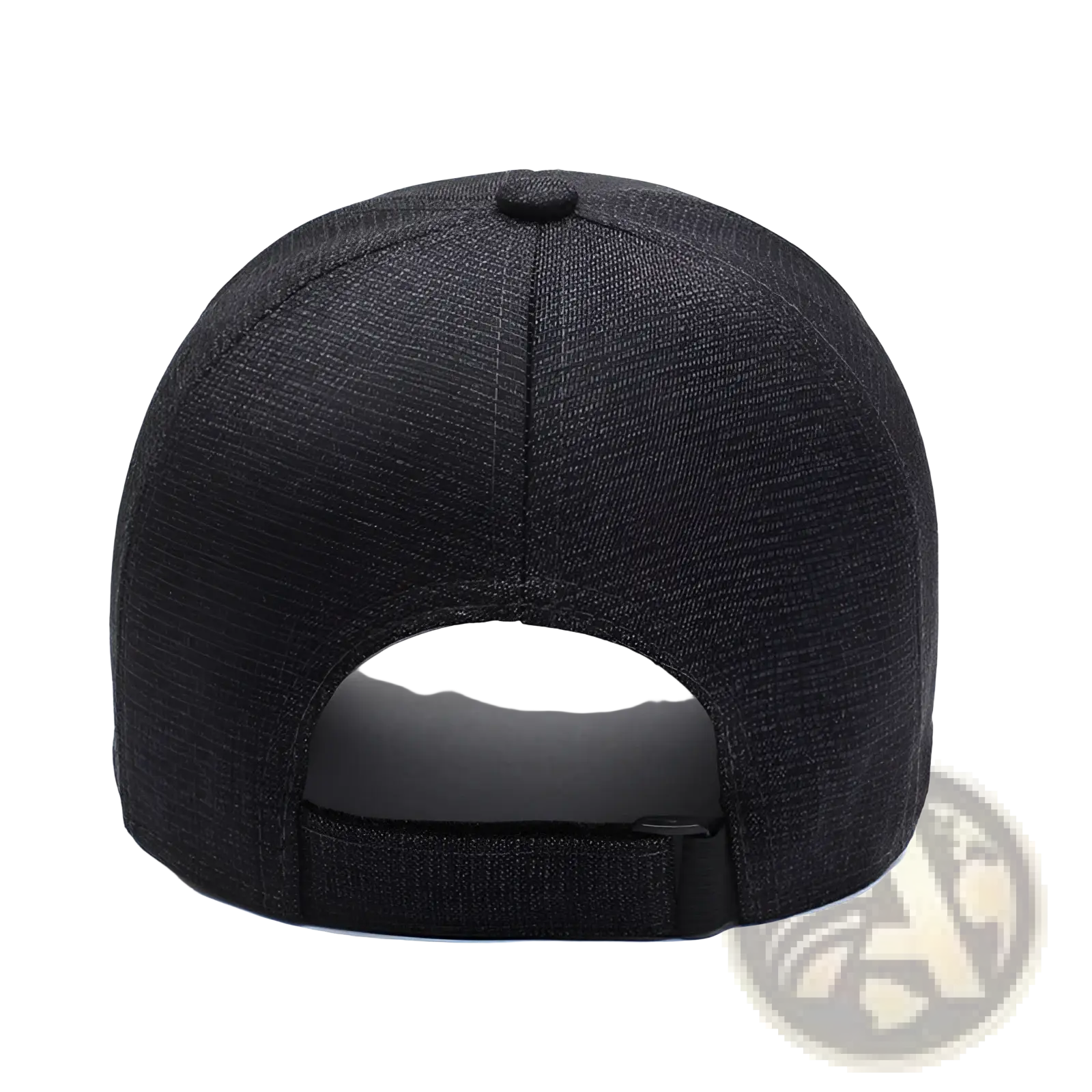 Black textured cotton baseball cap with leather patch showing adjustable strap and buckle at the back side