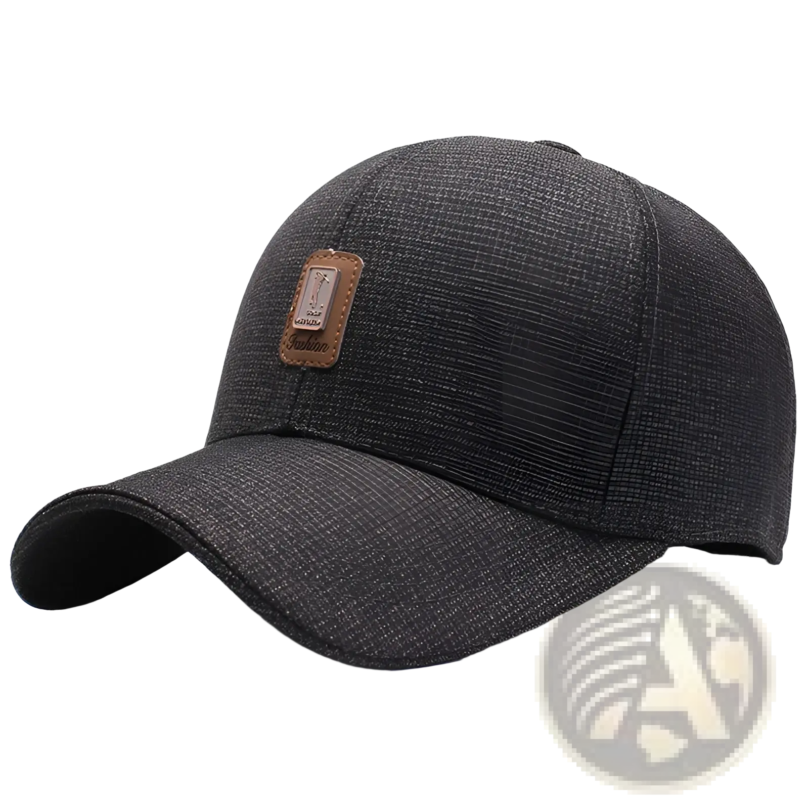 Dark gray textured cotton baseball cap with a brown leather patch on the front panel