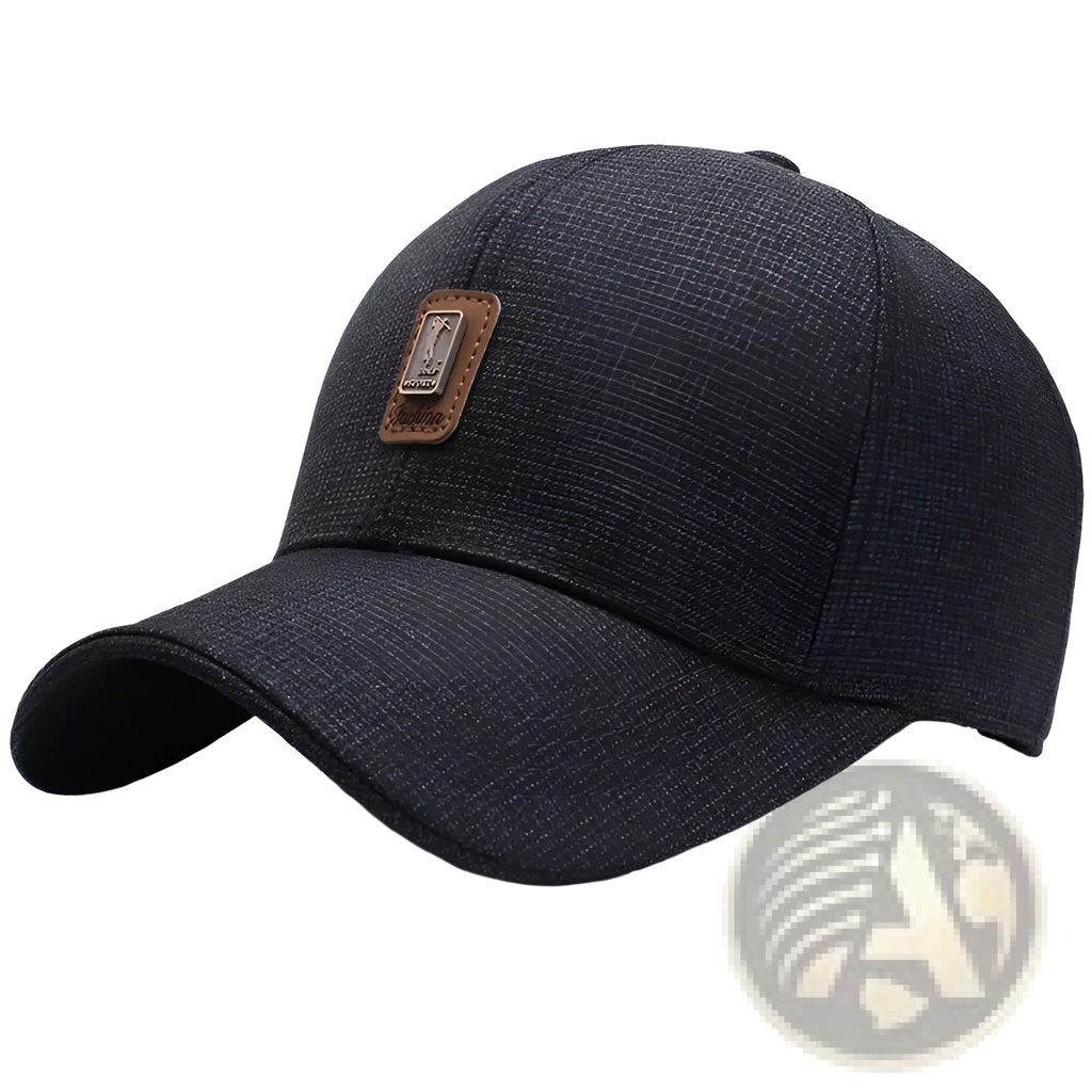 Dark gray textured cotton baseball cap with a brown leather patch on the front for casual wear