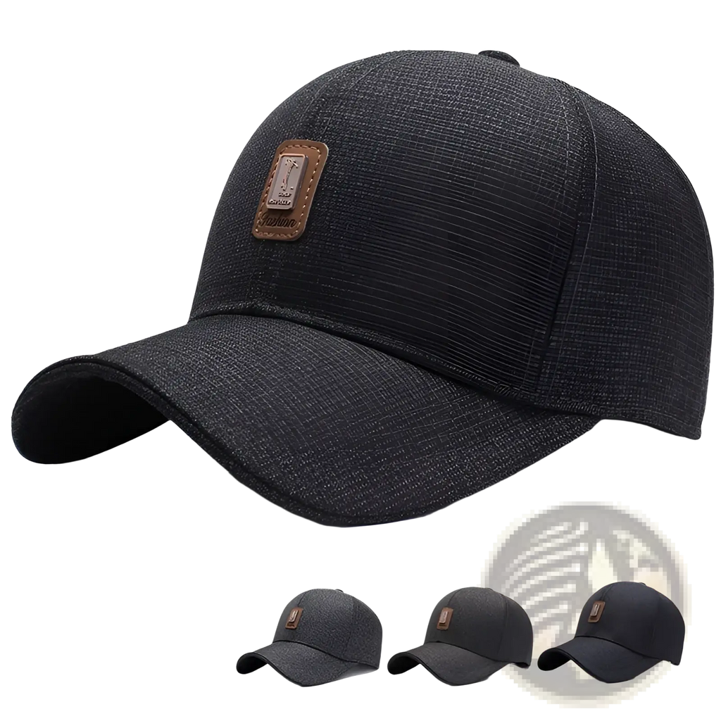 Dark gray textured cotton baseball cap with a brown leather patch on the front for casual wear
