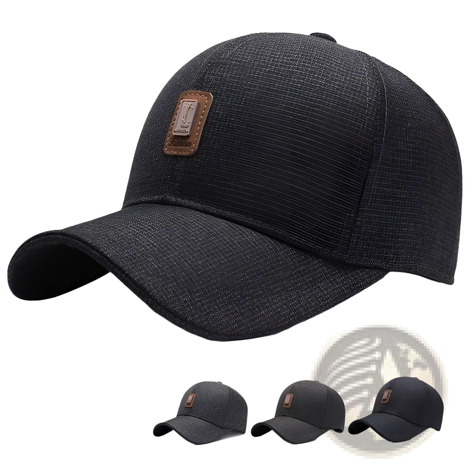 Dark gray textured cotton baseball cap with a brown leather patch on the front for casual wear
