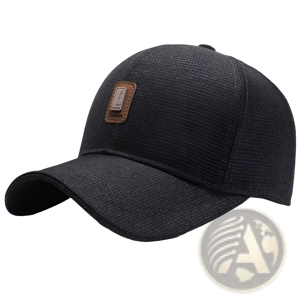 Dark gray textured cotton baseball cap with a brown leather patch on the front for casual wear