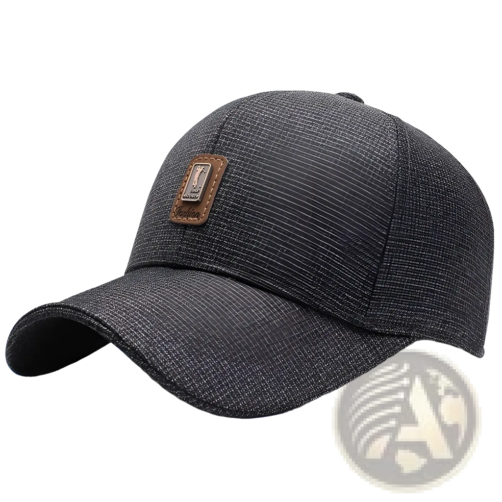 Dark gray textured cotton baseball cap with a brown leather patch on the front for casual wear