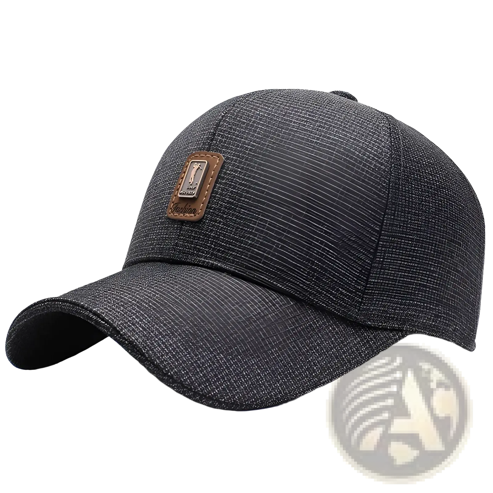 Dark gray textured cotton baseball cap with a brown leather patch on the front for casual wear