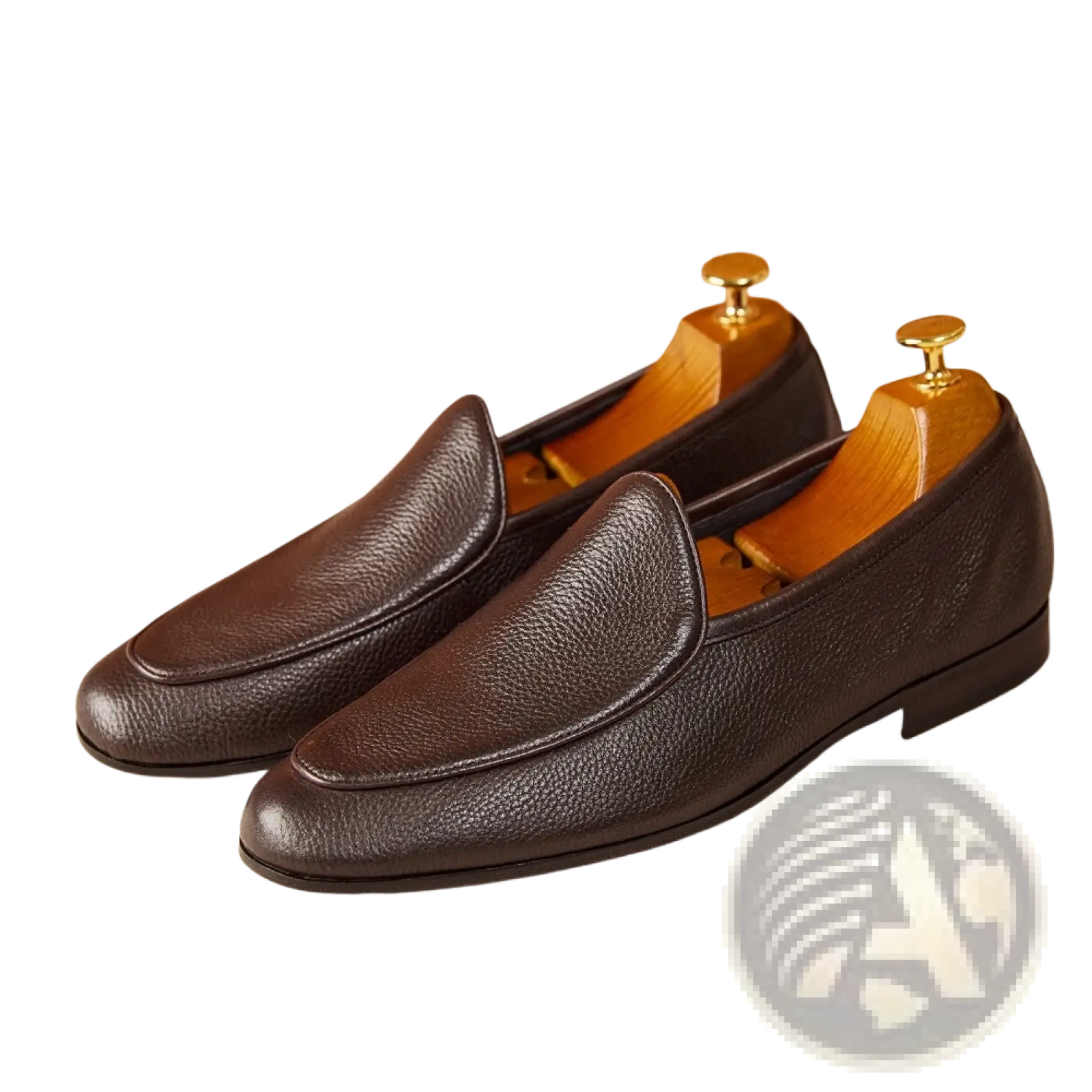 Brown textured cowhide leather loafers with pebbled texture and classic slip-on pointed toe design
