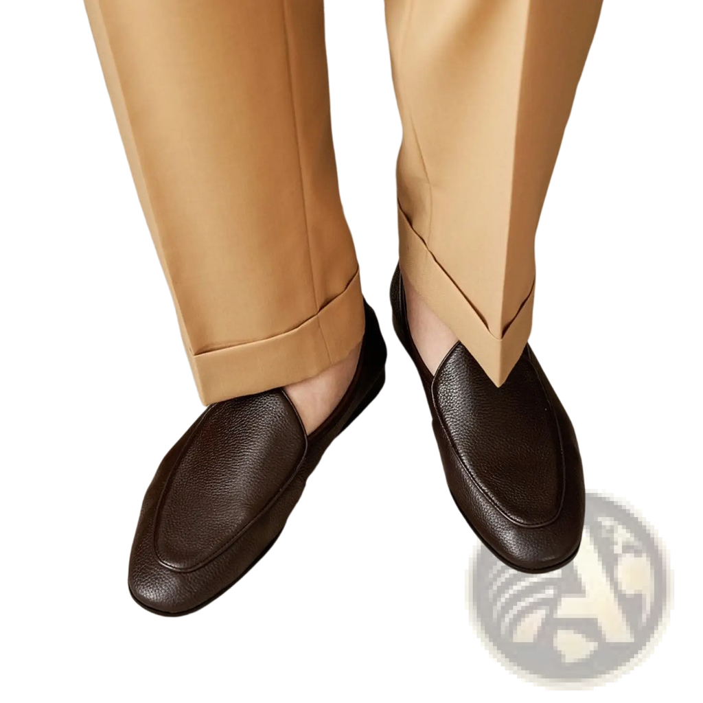 Dark brown textured cowhide leather pointed toe loafers with classic slip-on design for formal wear