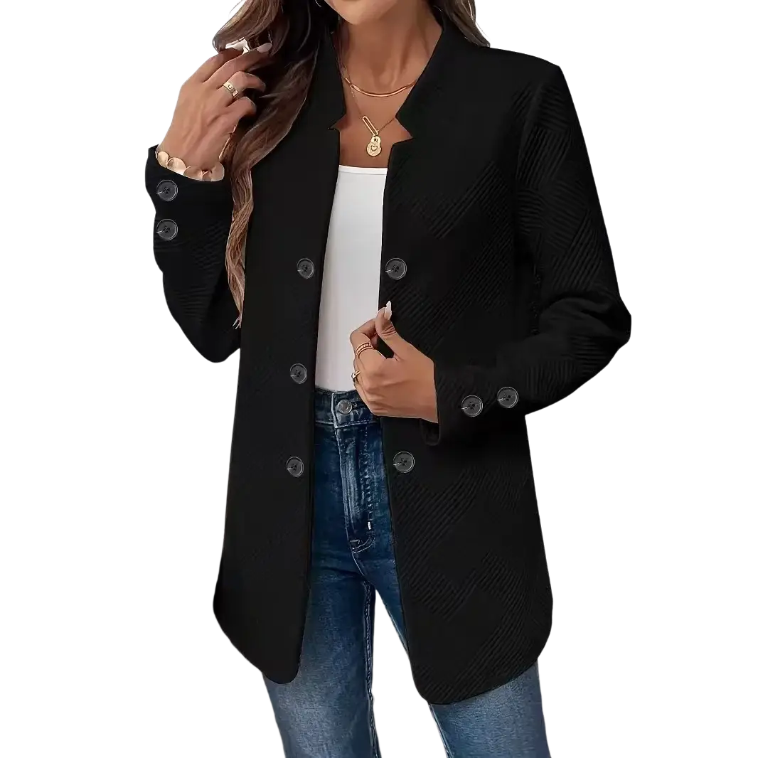 Black textured double-breasted women’s blazer with subtle herringbone pattern and dark buttons made of premium fabric