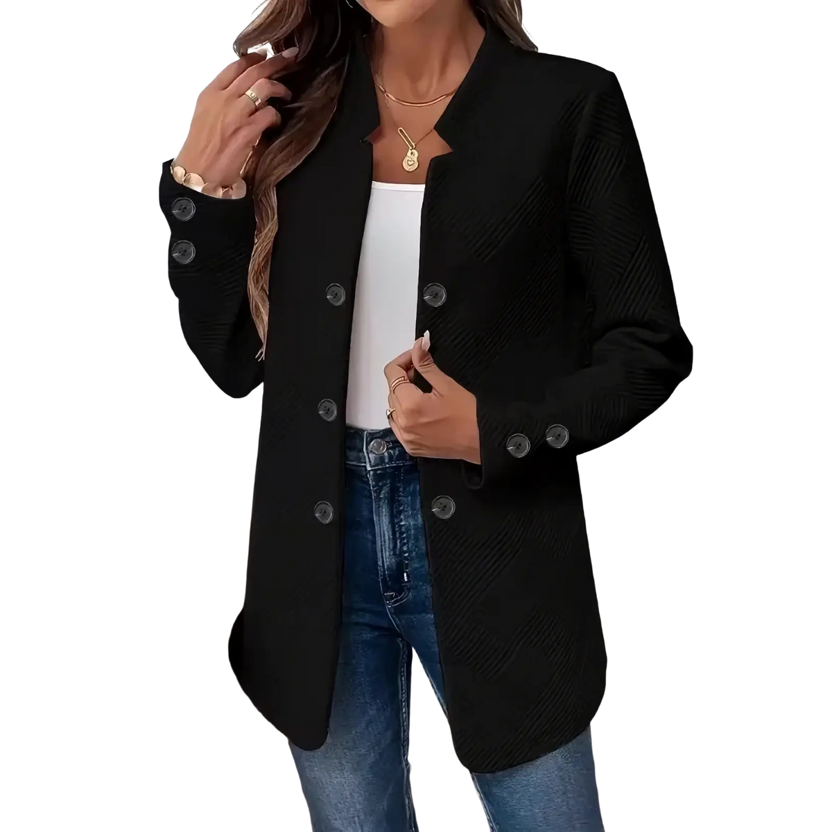 Black textured double-breasted women’s blazer with ribbed fabric and button closure for formal wear