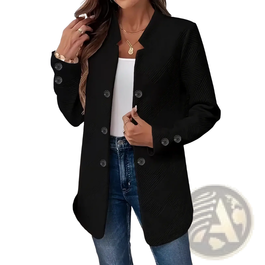 Black textured double-breasted women’s blazer with ribbed fabric and button closure for formal wear