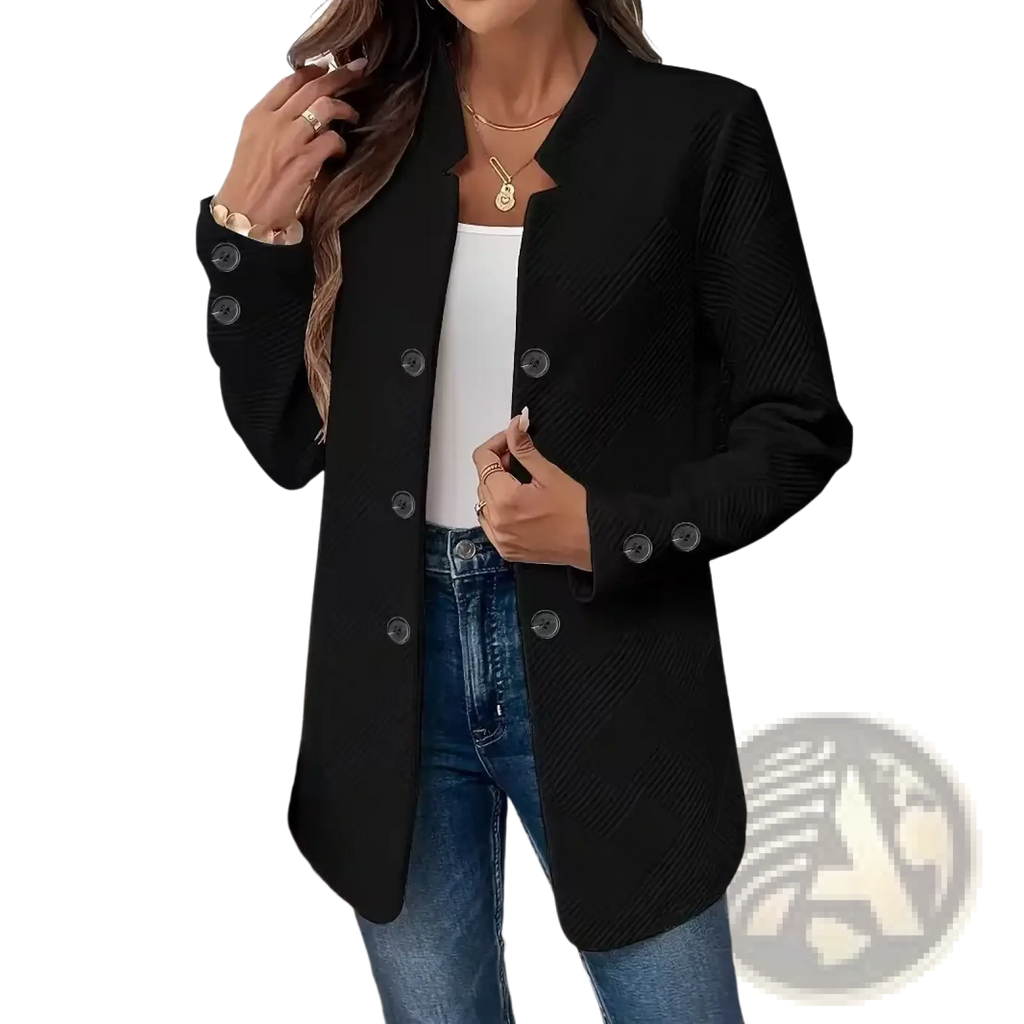 Black textured double-breasted women’s blazer with subtle herringbone pattern and dark buttons made of premium fabric