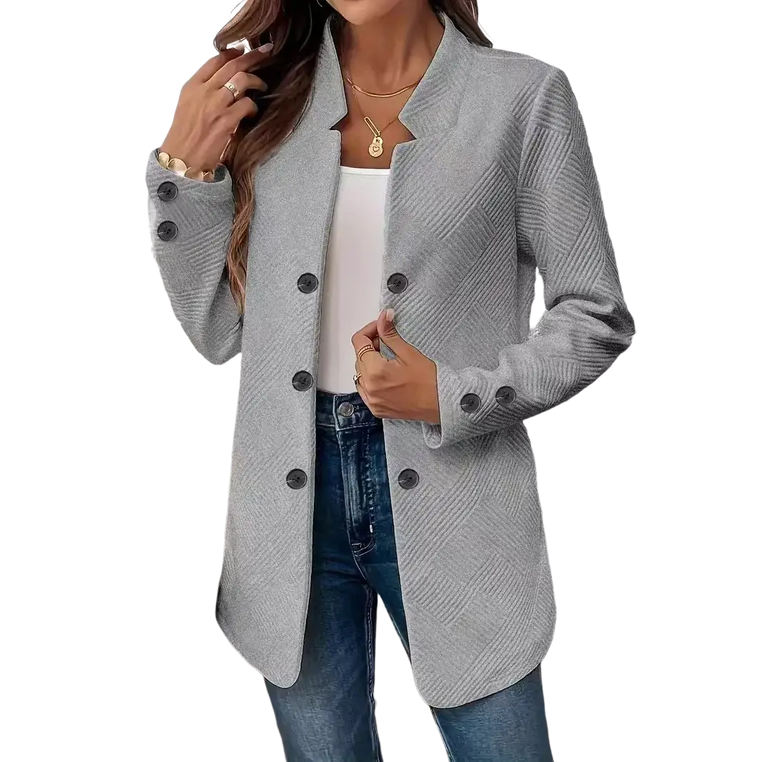 Textured double-breasted women’s blazer in gray herringbone pattern with black buttons, elegant and structured design
