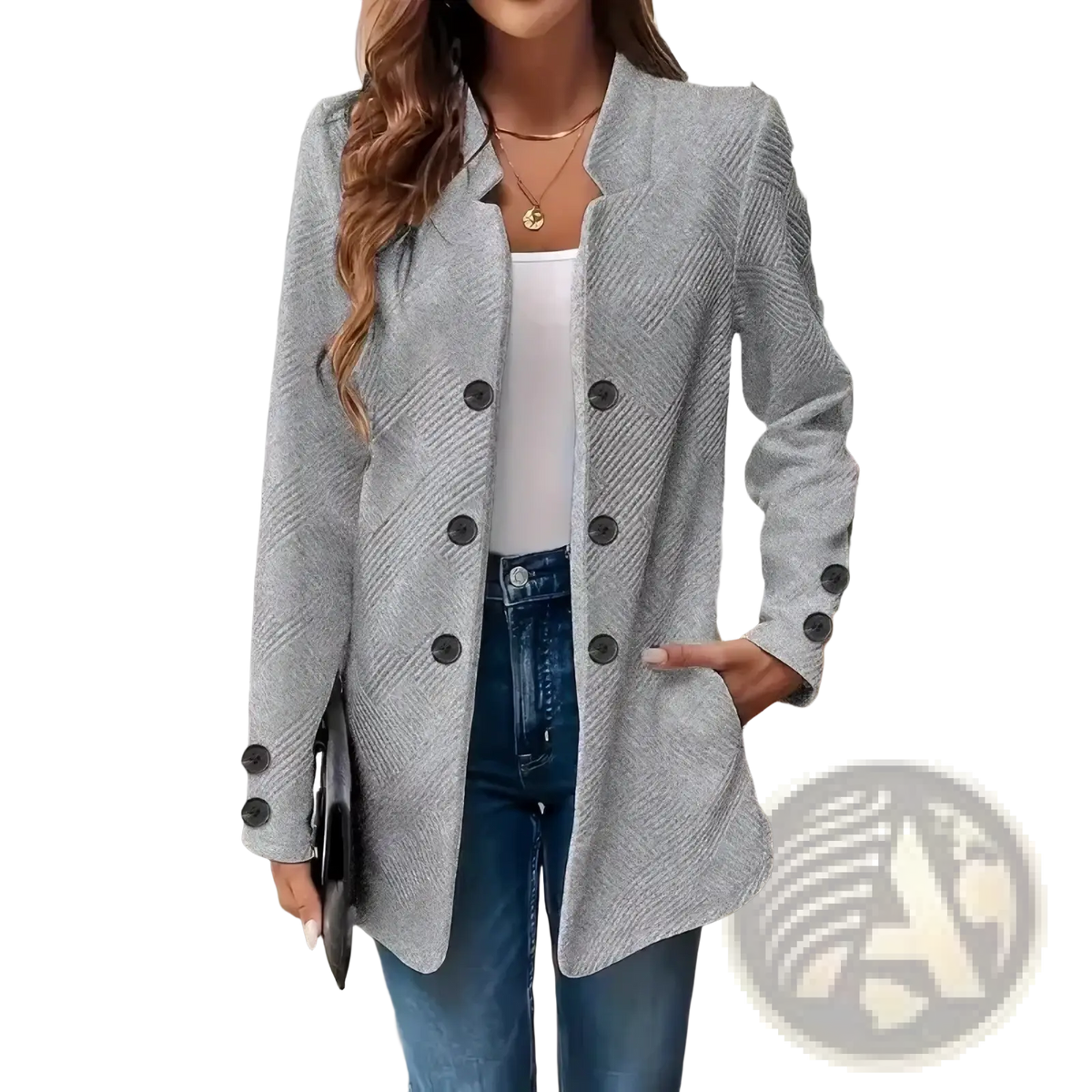 Textured double-breasted women’s blazer in gray herringbone pattern with black buttons suitable for formal wear