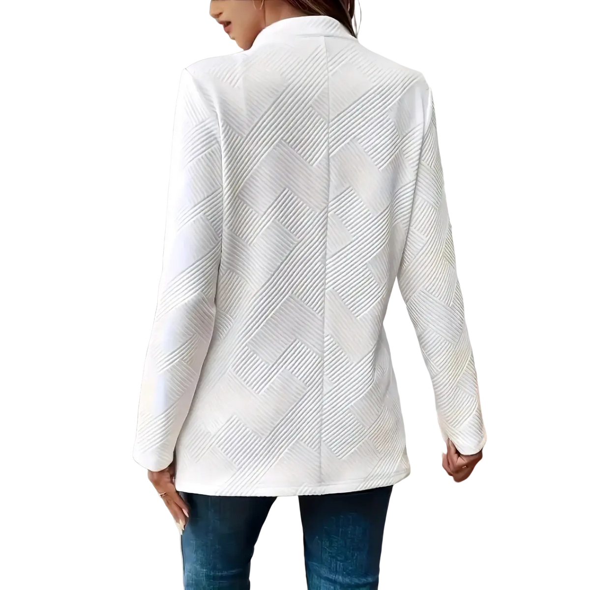 White textured double-breasted women’s blazer with herringbone pattern and structured fabric for formal wear