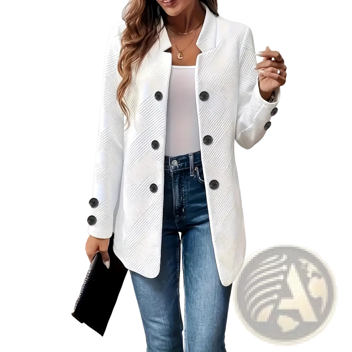 White textured double-breasted women’s blazer with black buttons showcasing its classic tailored design