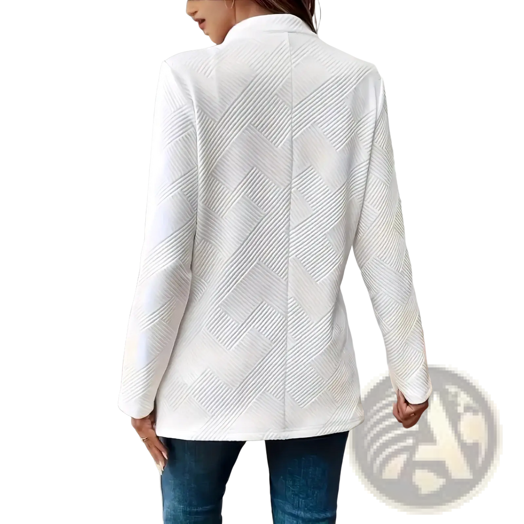 White textured double-breasted women’s blazer with herringbone pattern and structured fabric for formal wear