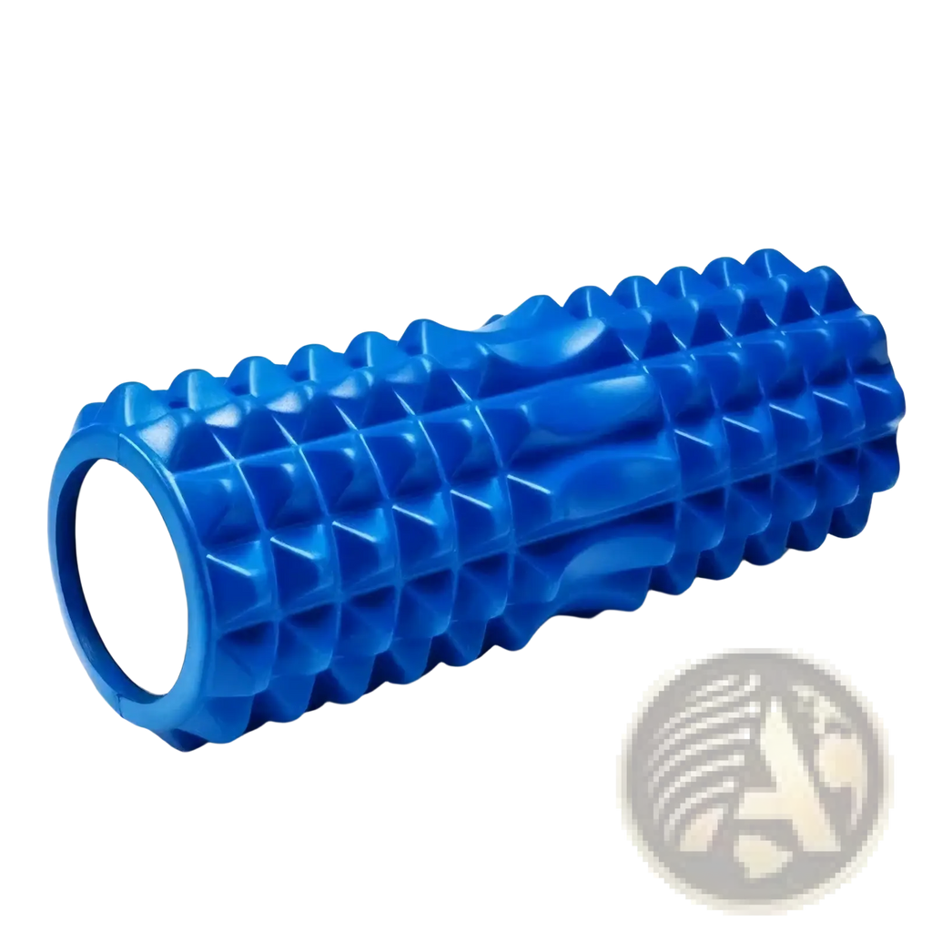Bright blue textured eva foam roller with spiked surface for muscle recovery and deep tissue massage