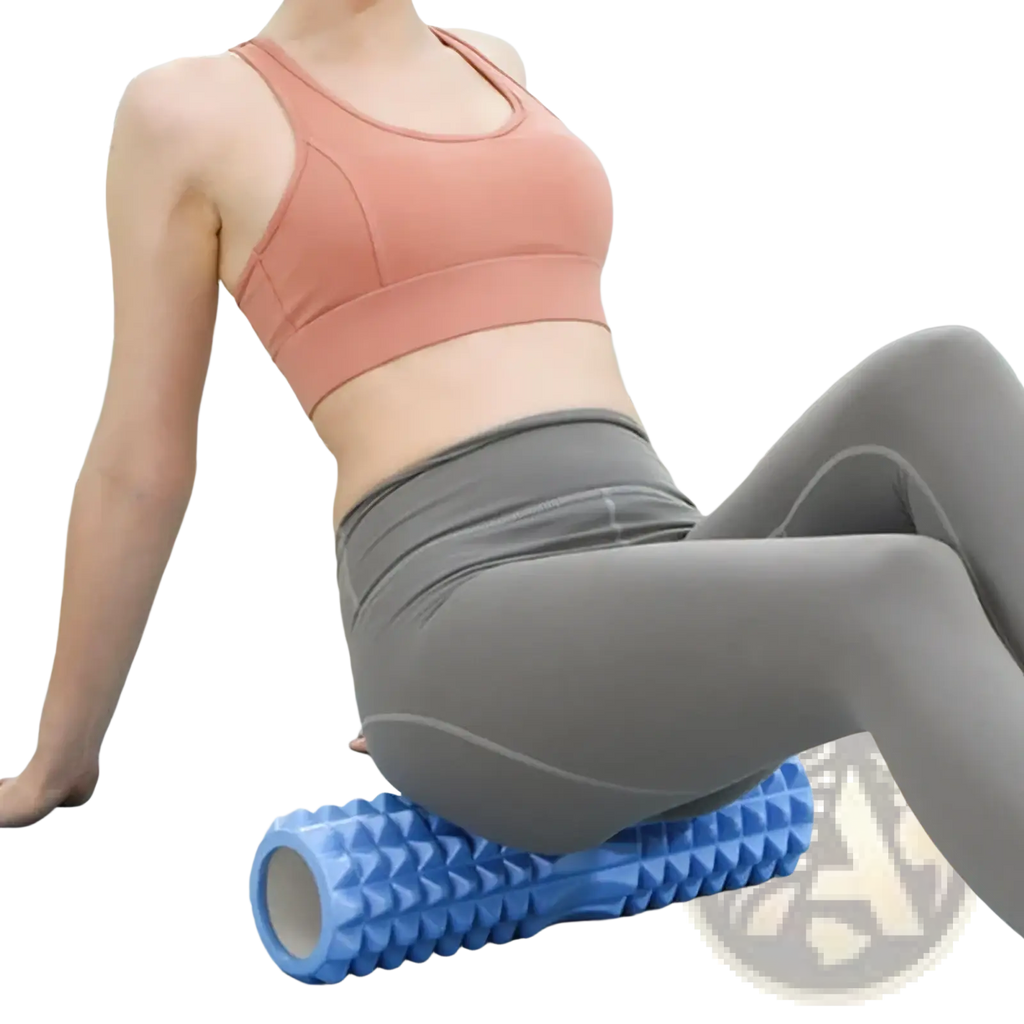 Blue textured eva foam roller with spike-like surface for muscle recovery and deep tissue massage