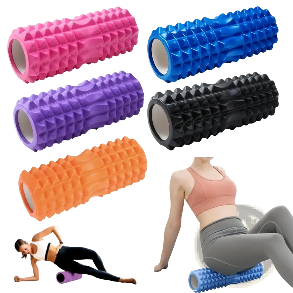 Colorful textured EVA foam roller with spikes and hollow center for muscle recovery and massage therapy
