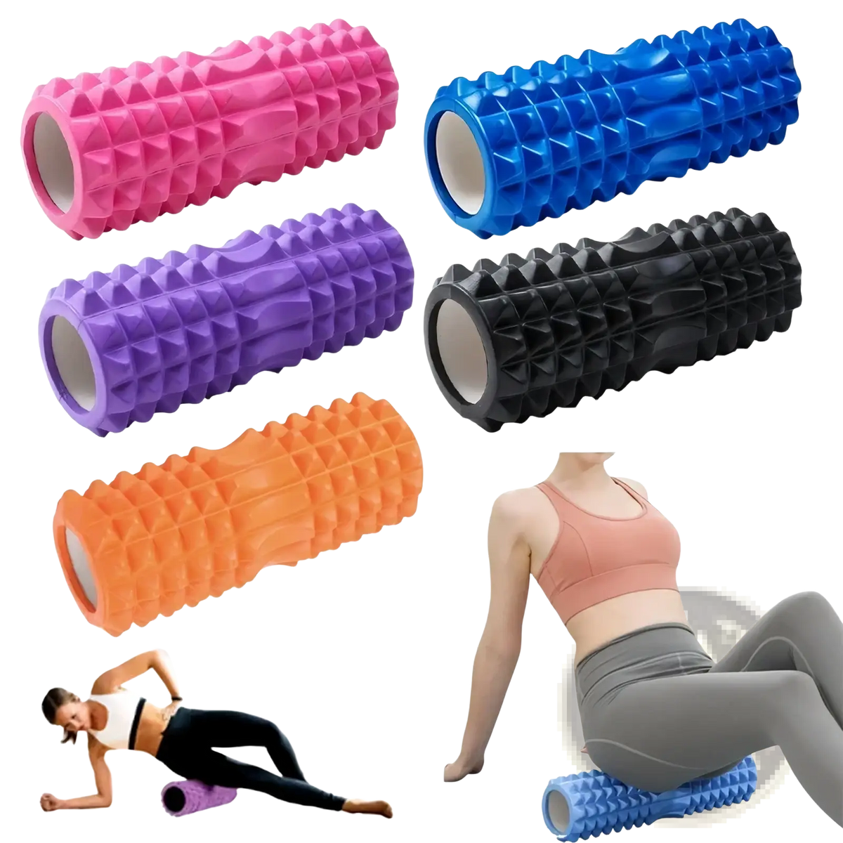 Colorful textured EVA foam roller with spikes and hollow center for muscle recovery and massage therapy