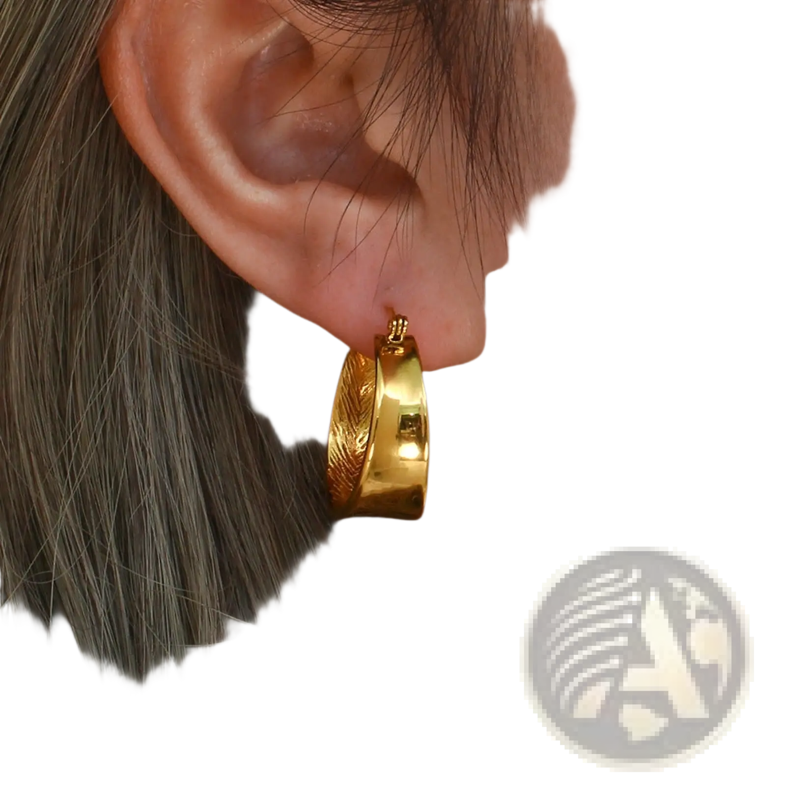 Textured feather interior gold gradient hoop earrings with a polished finish and feather-like pattern