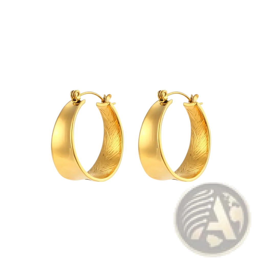 Gold-colored hoop earrings with textured feather-like pattern on the inner surface showcasing a gradient design