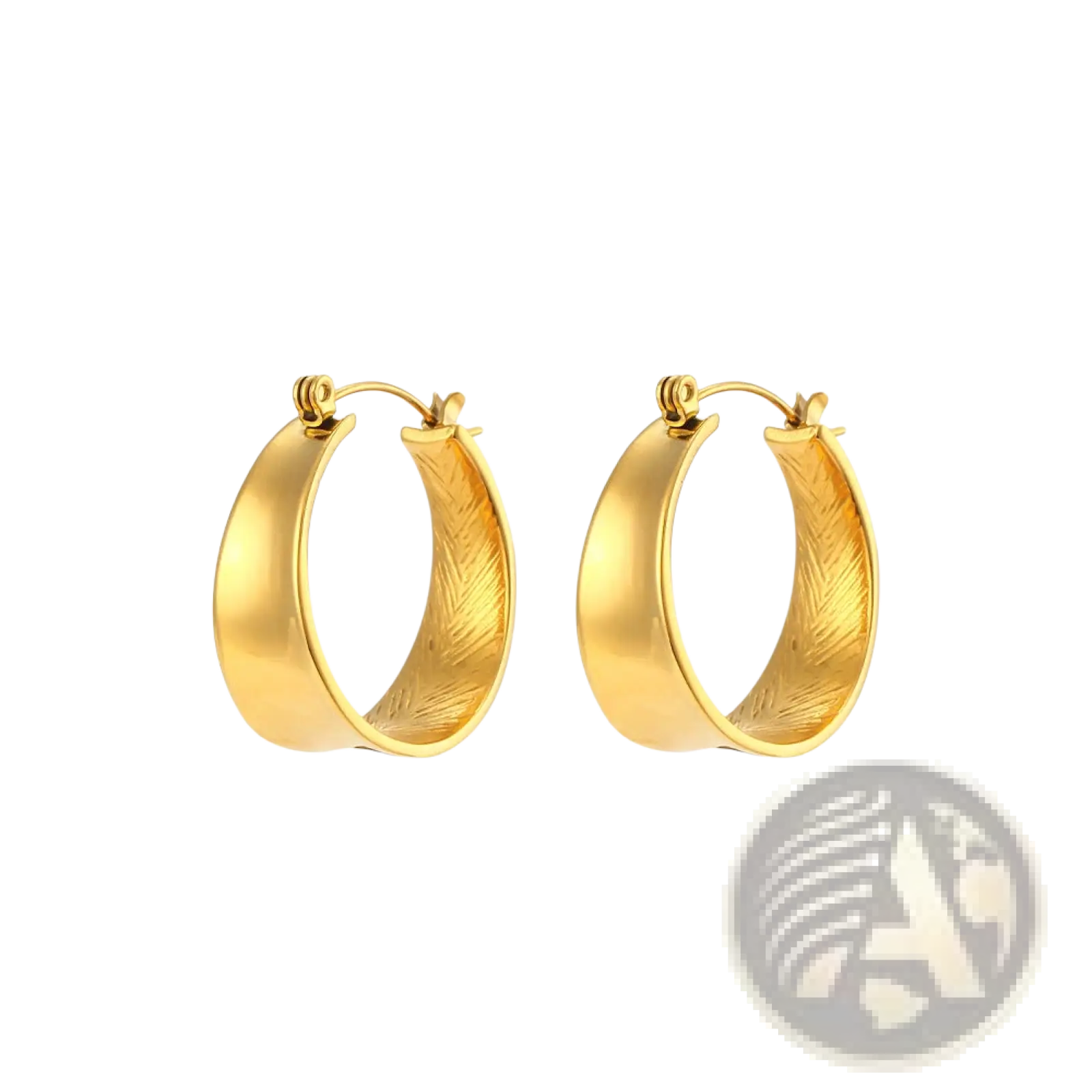 Gold-colored hoop earrings with textured feather-like pattern on the inner surface showcasing a gradient design