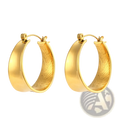Gold-colored hoop earrings with a polished exterior and textured feather pattern interior in a gradient design