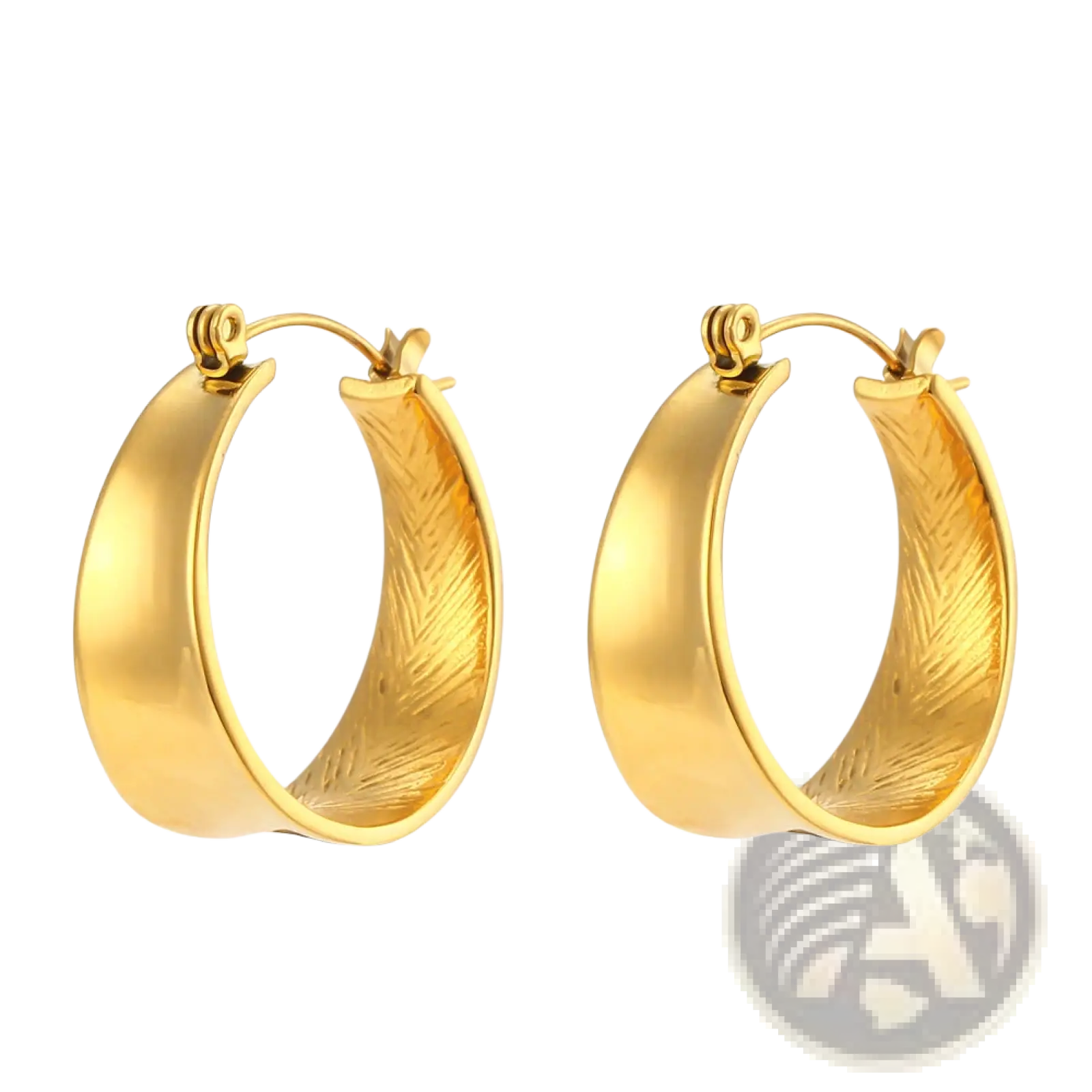 Gold-colored hoop earrings with a polished exterior and textured feather pattern interior in a gradient design