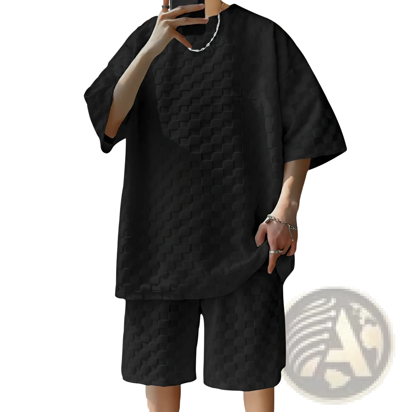 Black oversized short-sleeved cotton blend t-shirt with textured hexagonal pattern from geometric set
