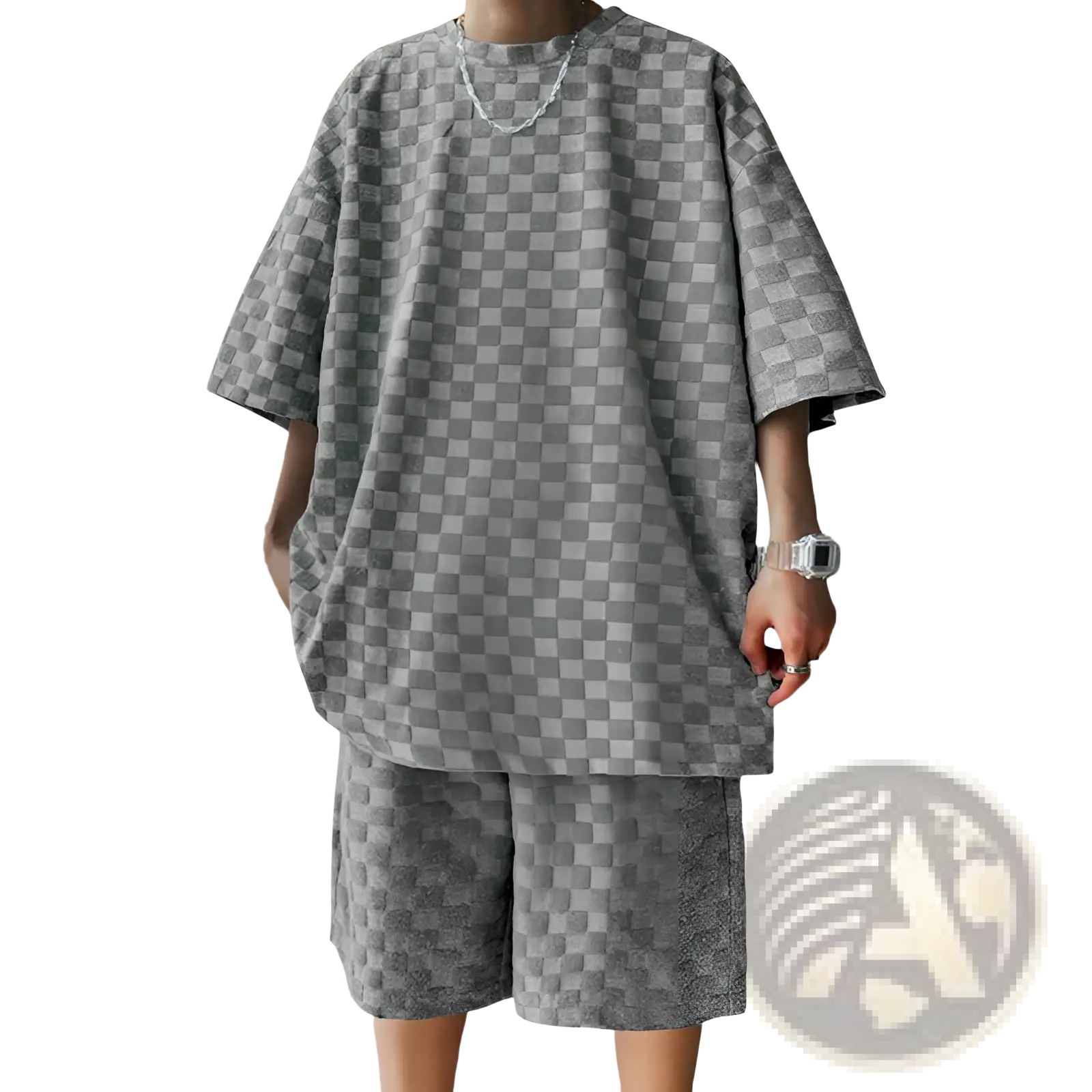 Gray and white checkered cotton blend t-shirt with relaxed fit as part of textured geometric set