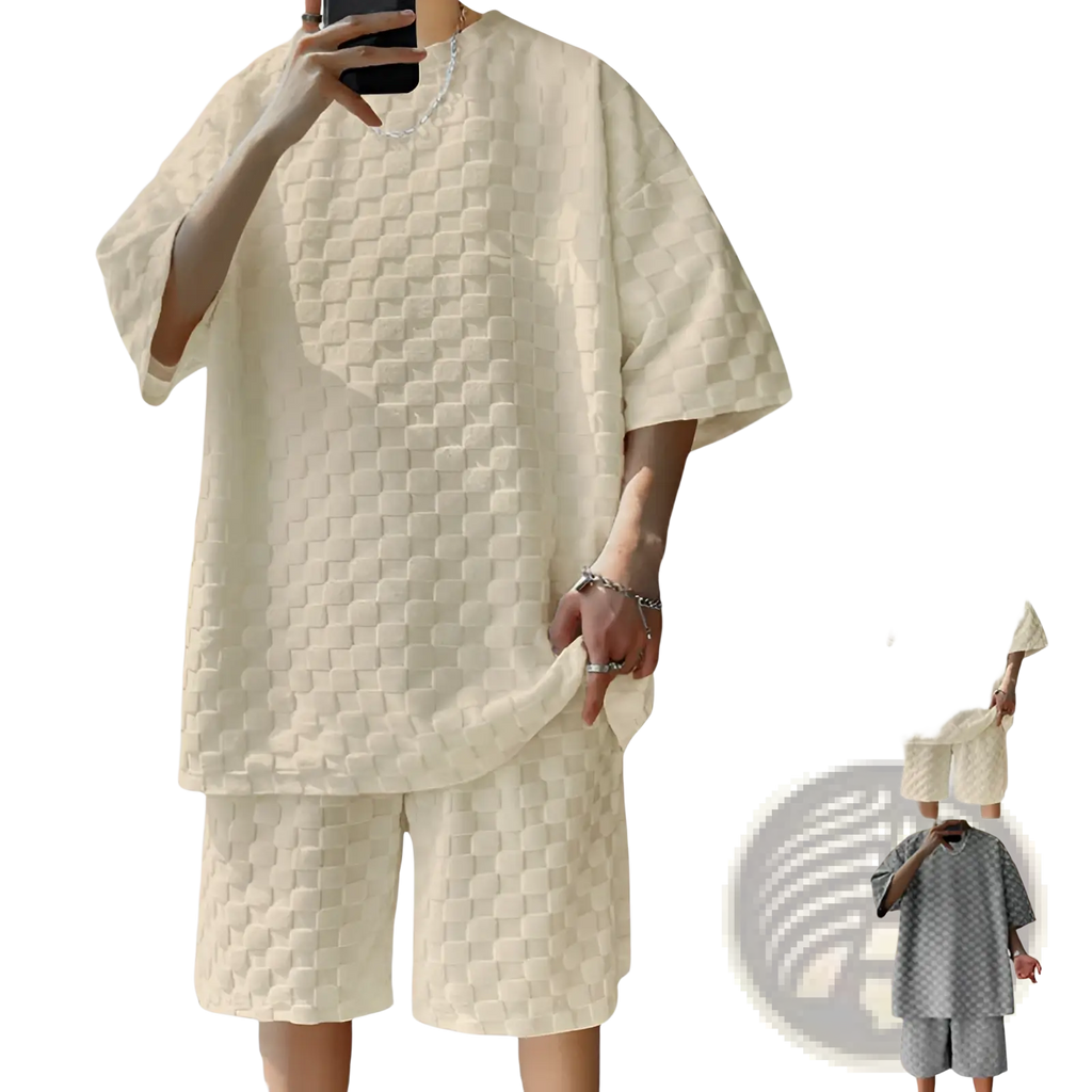 Cream-colored quilted cotton blend t-shirt and shorts set with a textured geometric diamond pattern