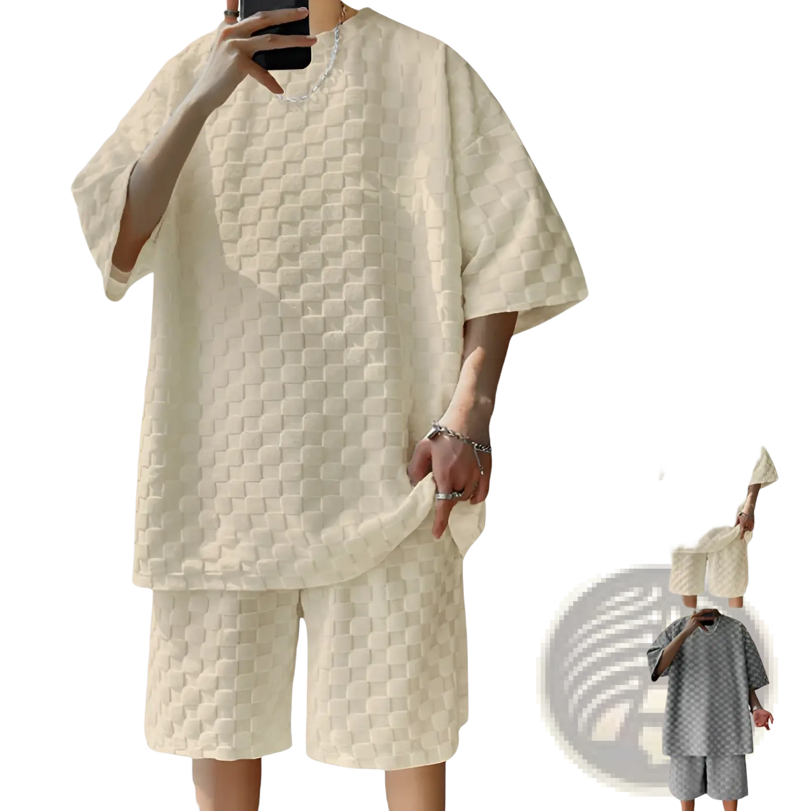 Cream-colored quilted cotton blend t-shirt and shorts set with a textured geometric diamond pattern