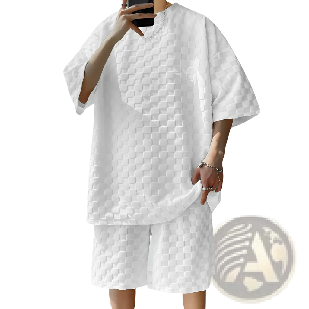 White textured cotton blend t-shirt with geometric quilted pattern and oversized fit from matching shorts set