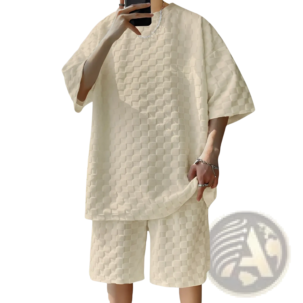 Cream-colored textured short-sleeved cotton blend top with geometric quilted pattern from t-shirt and shorts set