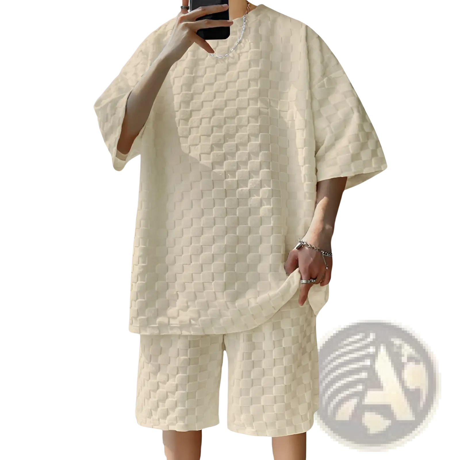 Cream-colored textured short-sleeved cotton blend top with geometric quilted pattern from t-shirt and shorts set