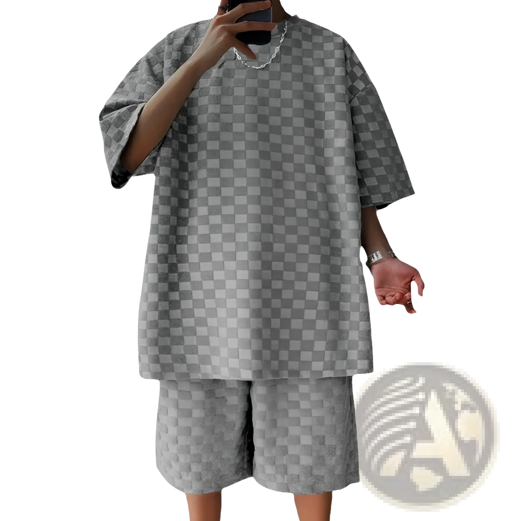 Gray checkered textured geometric cotton blend two-piece set with relaxed fit t-shirt and shorts with short sleeves