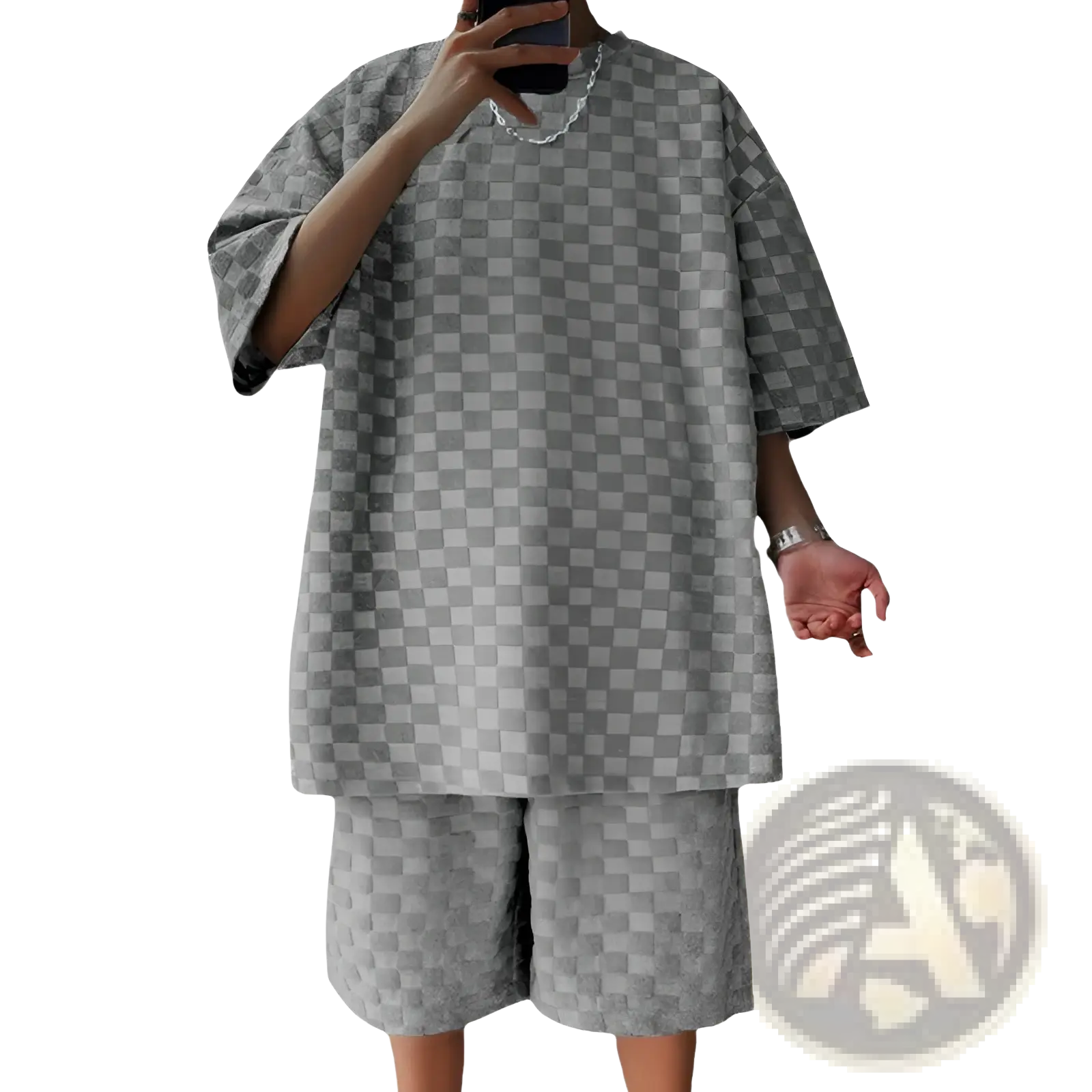 Gray checkered textured geometric cotton blend two-piece set with relaxed fit t-shirt and shorts with short sleeves