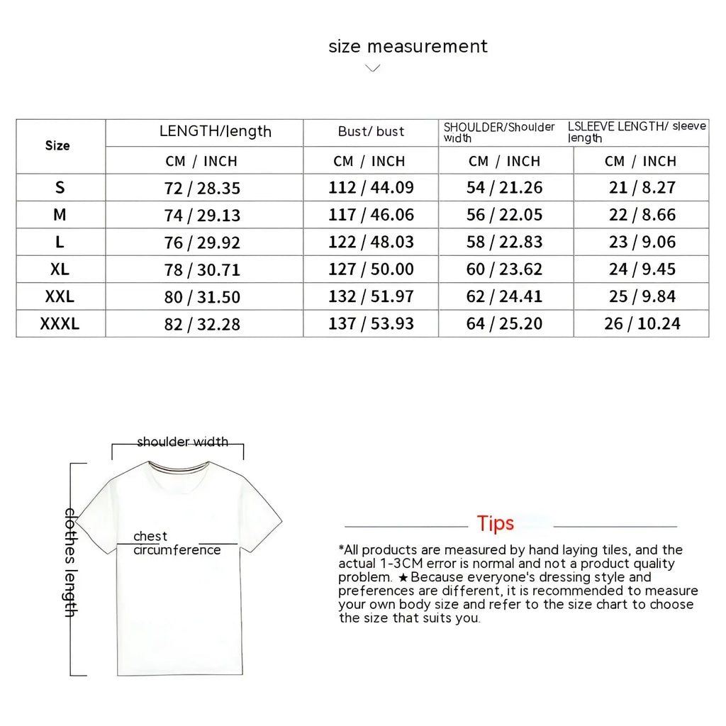 White textured geometric cotton blend t-shirt with size measurement chart showing shoulder chest and sleeve dimensions