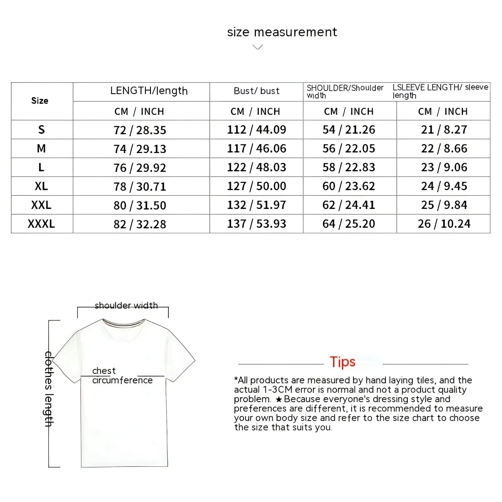 White textured geometric cotton blend t-shirt with size measurement chart showing shoulder chest and sleeve dimensions