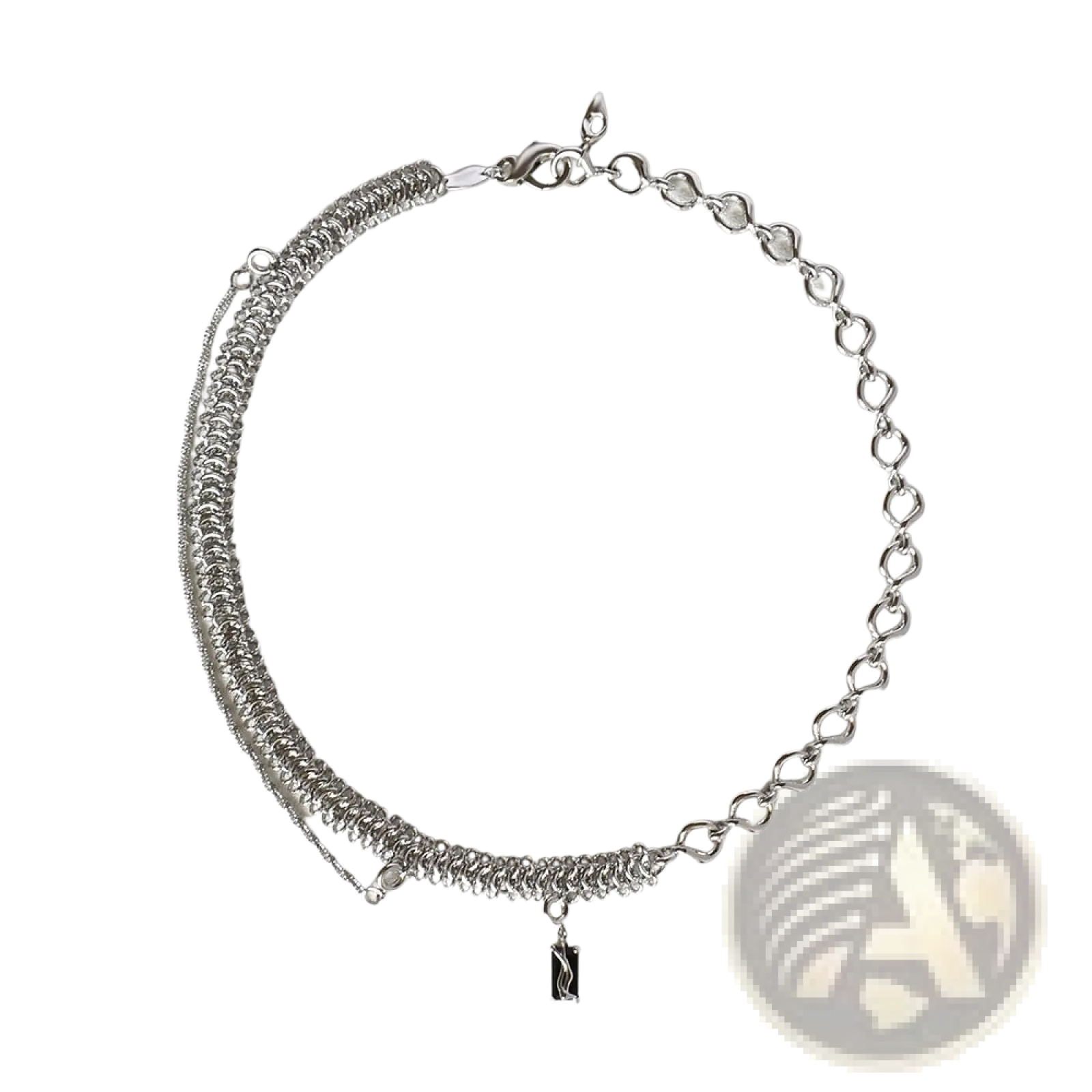 Textured heart link silver necklace with layered fine and thick chains featuring a small black rectangular charm