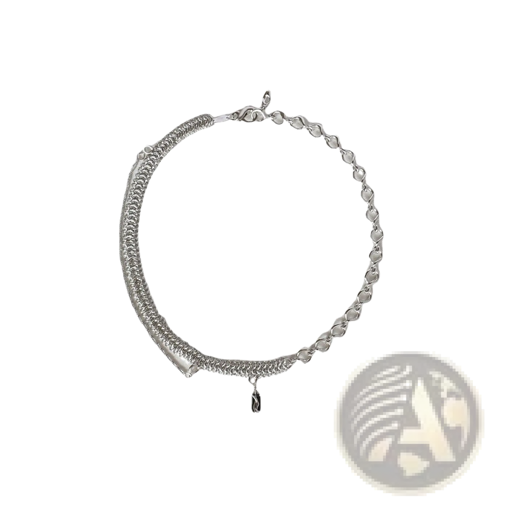 Textured heart link silver necklace with a woven design and a small black charm pendant