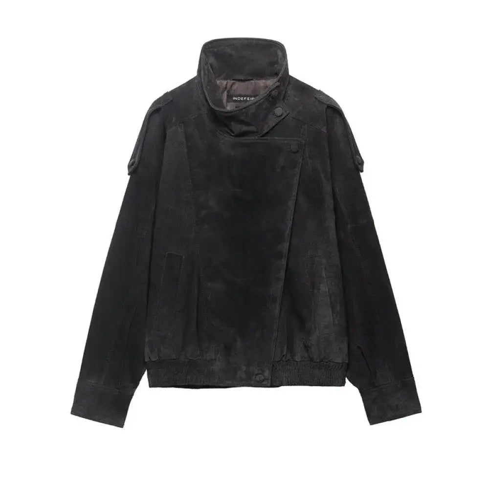 Women’s textured black suede moto biker jacket with high collar and flap pockets shown from the back side