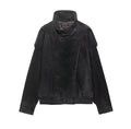 Women’s textured black suede moto biker jacket with high collar and flap pockets shown from the back side