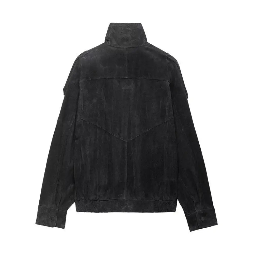 Women’s textured black suede moto biker jacket with high collar and geometric paneling front view