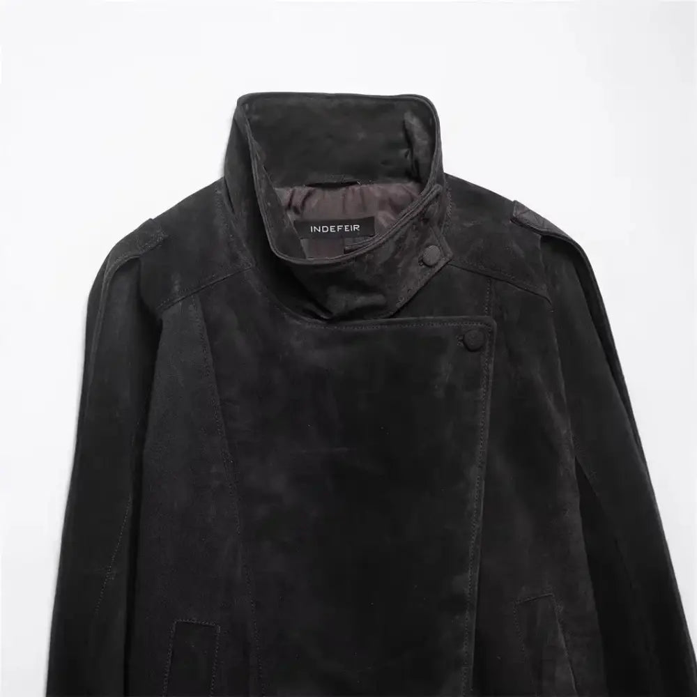 Black suede trench coat with high collar and buttoned front featuring indefeir brand label inside for women