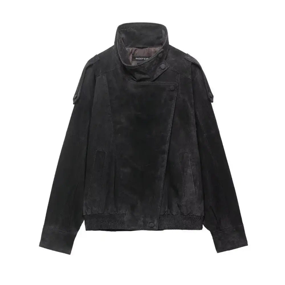 Women’s textured black suede moto biker jacket featuring a high collar and shoulder patches in a classic style